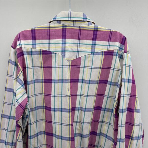 VTG Panhandle Slim Pearl Snap Western Shirt Mens 17.5 x 36 Purple White Plaid LS - Picture 6 of 8